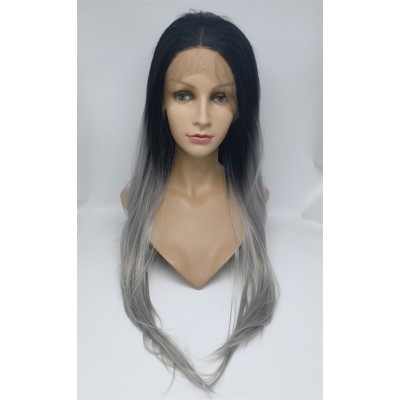 High temperature dark roots gray hair ombre color  beautiful wavy synthetic lace front wig shinewig