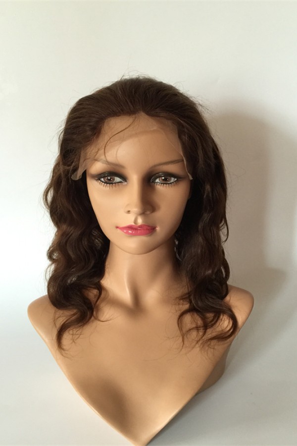 14inch dark brown color body wave Chinese remy human hair lace front wig