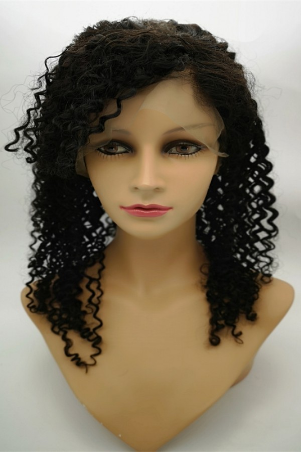 16inch natural color curly Chinese virgin human hair natural lace front  wig