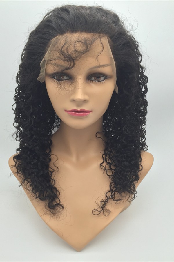 18inch natural color curly Chinese virgin human hair natural lace front  wig