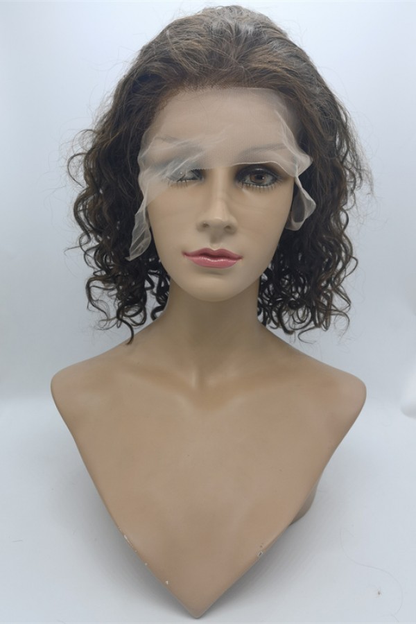 10 inch medium brown curly  Chinese remy human hair BOB lace front wig