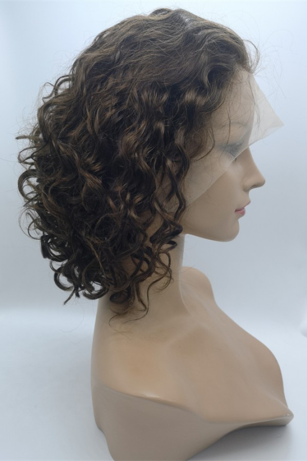 10 inch medium brown curly  Chinese remy human hair BOB lace front wig