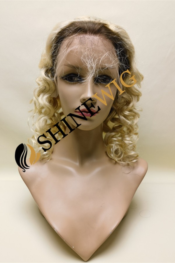 18inch ombre blonde color curly remy human hair natural lace front  wig from shinewig