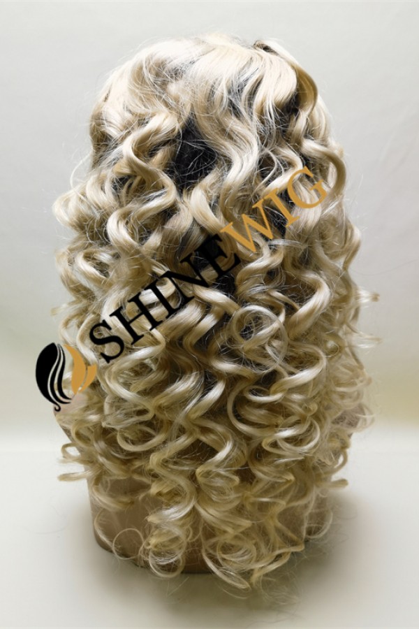 18inch ombre blonde color curly remy human hair natural lace front  wig from shinewig