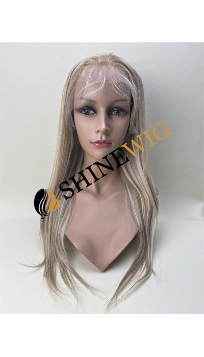 18inch balayage highlight blonde color straight remy human hair natural lace front  wig from shinewig