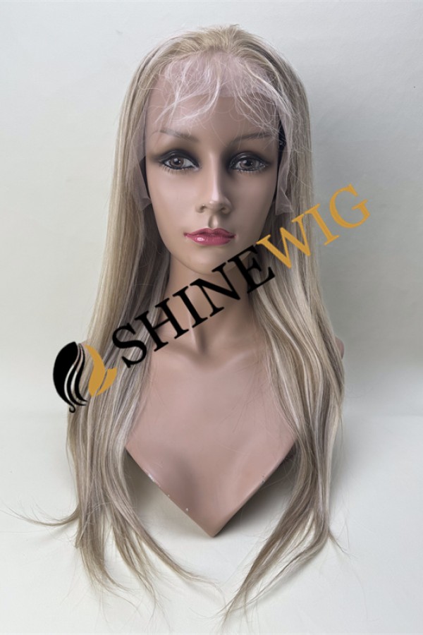 18inch balayage highlight blonde color straight remy human hair natural lace front  wig from shinewig