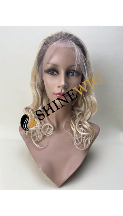 18inch ombre blonde color curly remy human hair natural lace front  wig from shinewig