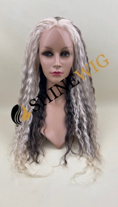 16inch wavy  brown and gray color remy human hair natural HD lace front wig from shinewig