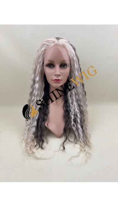 16inch wavy  brown and gray color remy human hair natural HD lace front wig from shinewig