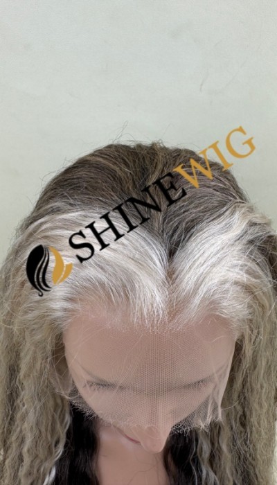 16inch wavy  brown and gray color remy human hair natural HD lace front wig from shinewig