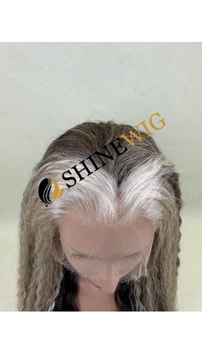 16inch wavy  brown and gray color remy human hair natural HD lace front wig from shinewig