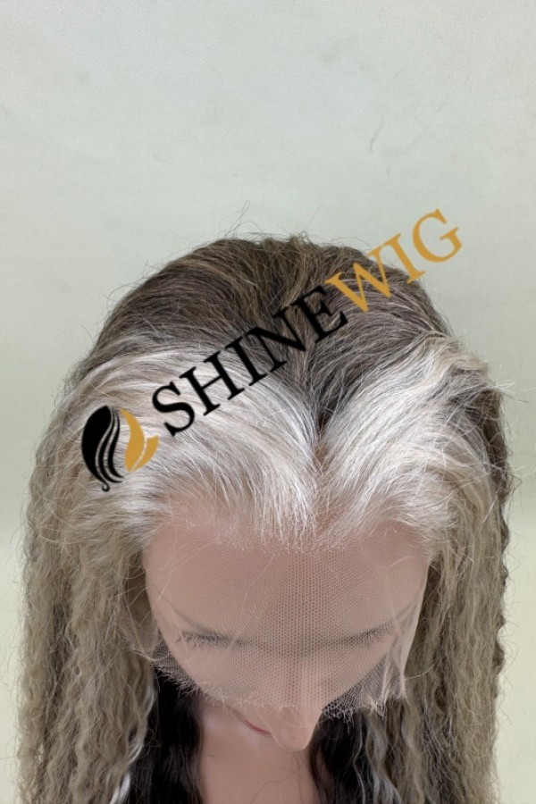 16inch wavy  brown and gray color remy human hair natural HD lace front wig from shinewig