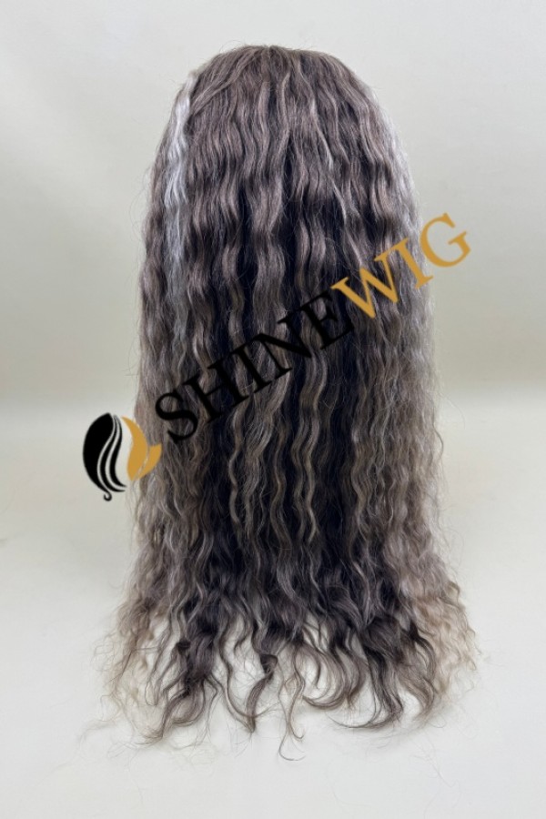 16inch wavy  brown and gray color remy human hair natural HD lace front wig from shinewig