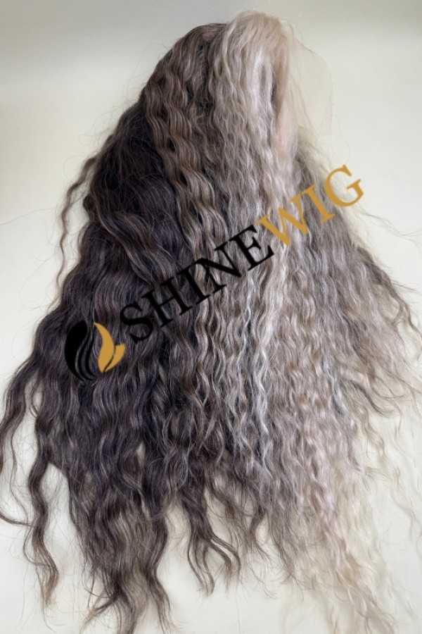 16inch wavy  brown and gray color remy human hair natural HD lace front wig from shinewig
