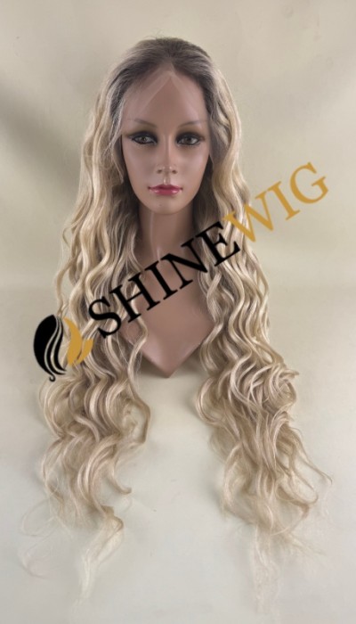 32inch Premium luxury Remy human hair fuller hair ends ombre dark roots balayage blonde color wavy HD lace front wig from shinewig