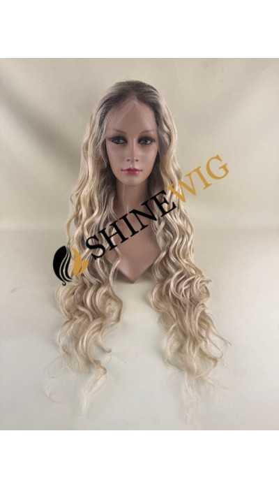 32inch Premium luxury Remy human hair fuller hair ends ombre dark roots balayage blonde color wavy HD lace front wig from shinewig