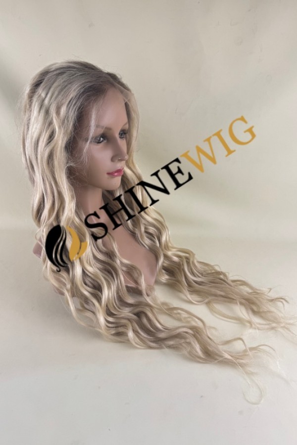 32inch Premium luxury Remy human hair fuller hair ends ombre dark roots balayage blonde color wavy HD lace front wig from shinewig