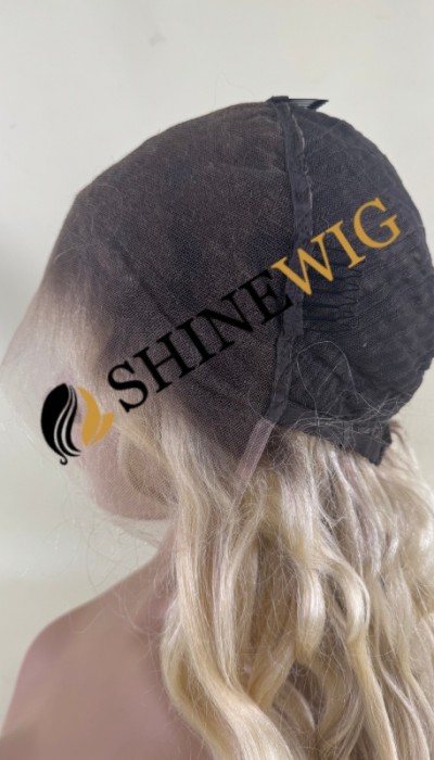 32inch Premium luxury Remy human hair fuller hair ends ombre dark roots balayage blonde color wavy HD lace front wig from shinewig