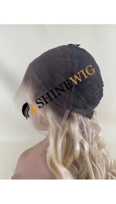 32inch Premium luxury Remy human hair fuller hair ends ombre dark roots balayage blonde color wavy HD lace front wig from shinewig