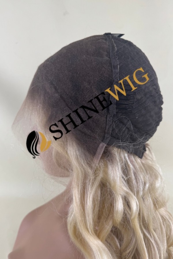32inch Premium luxury Remy human hair fuller hair ends ombre dark roots balayage blonde color wavy HD lace front wig from shinewig