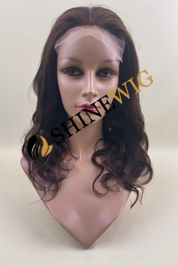 16inch brown COLOR body WAVY Chinese remy human hair natural silk top closure  wig