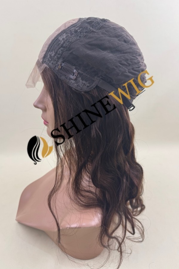 16inch brown COLOR body WAVY Chinese remy human hair natural silk top closure  wig