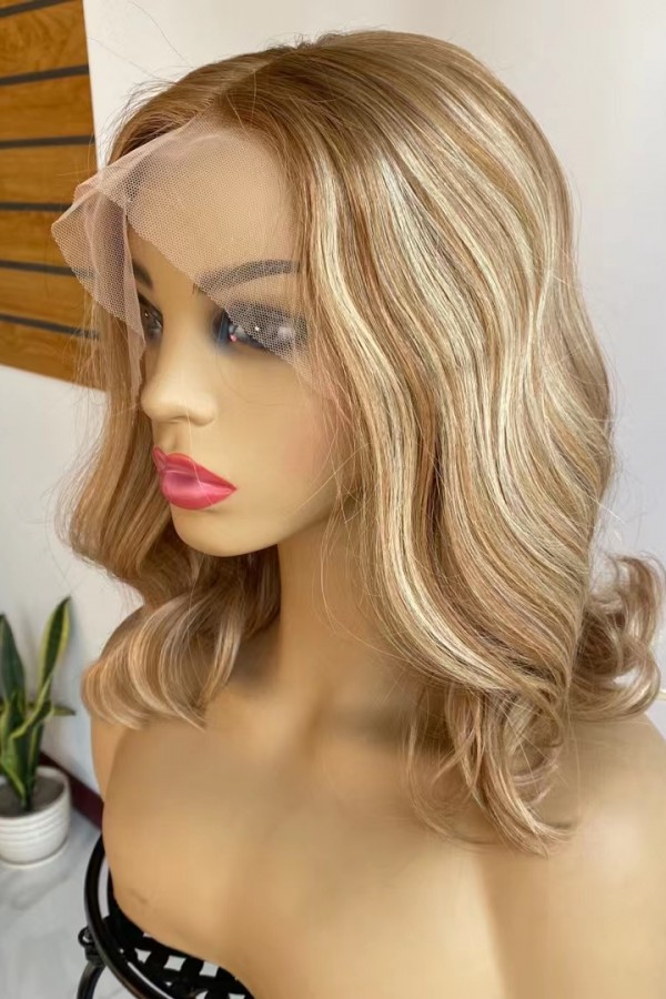 14inch BAYALAGE COLOR  natural hairline with small knots super high quality Chinese virgin human hair lace front celebrity wig