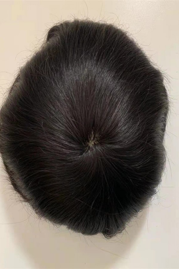 Natural straight silk with PU thin skin base toupee