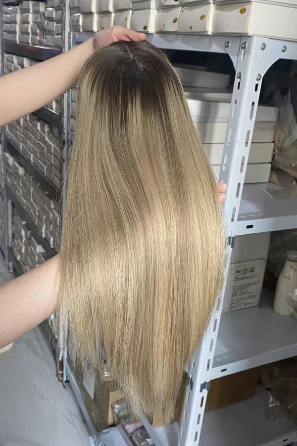 18inch Chinese Virgin human hair golden color natural straight top quality celebrity women topper toupee