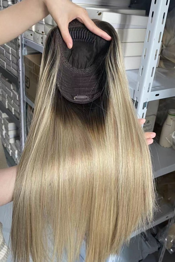 18inch Chinese Virgin human hair golden color natural straight top quality celebrity women topper toupee