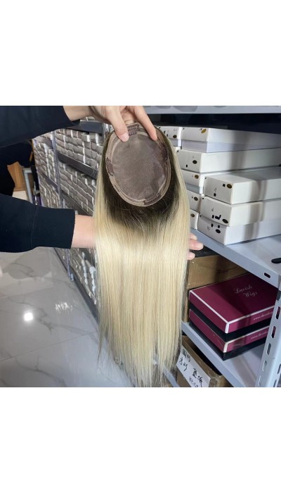16inch Chinese Virgin human hair silk straight blonde color top quality celebrity mono topper shinewig