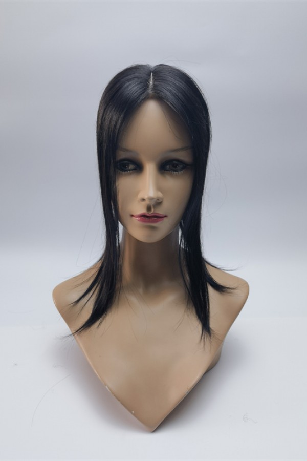 14inch natural color straight  Chinese Remy human hair body wavy silk skin with lace hair topper from shinewig