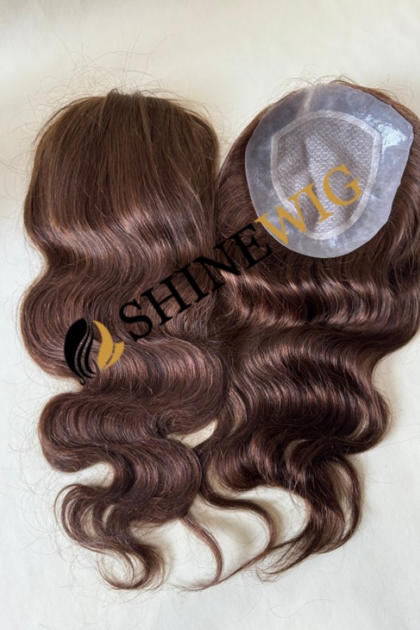 16inch Remy human hair medium brown color body wave lace and pu base hair topper from shinewig