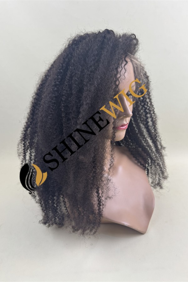 22inch remy human hair natural black color kinky curly HD full lace wig from shinewig