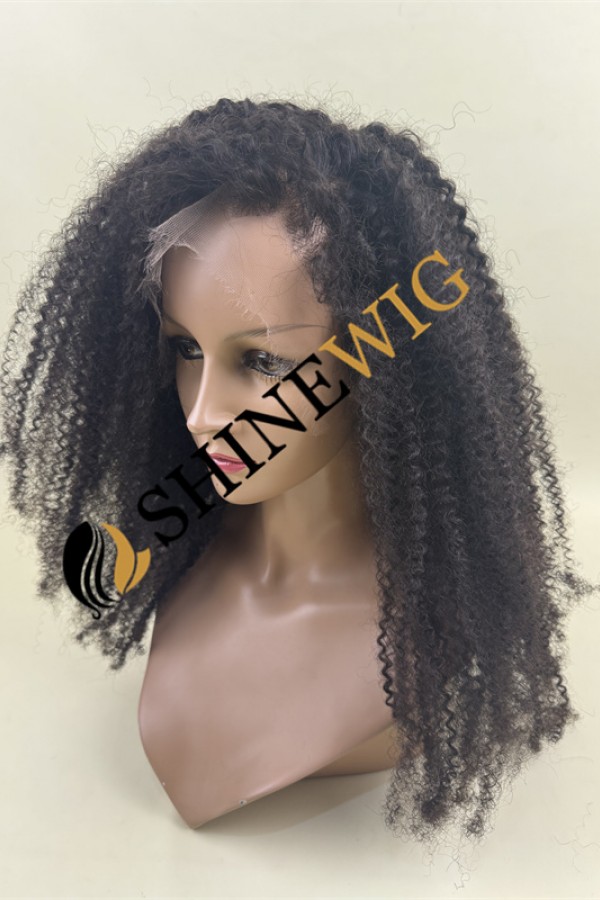 22inch remy human hair natural black color kinky curly HD full lace wig from shinewig