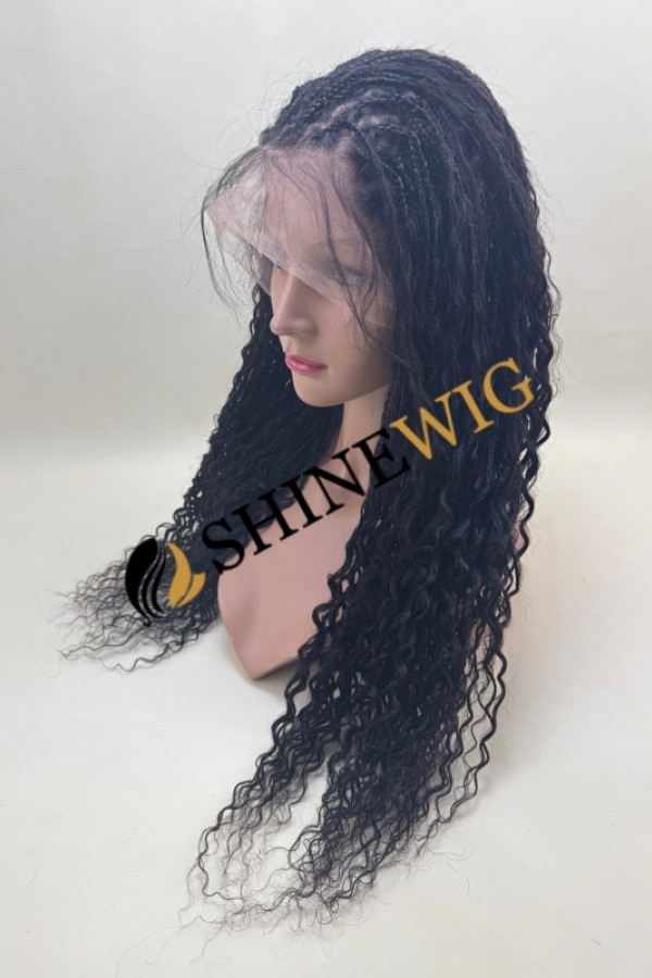 24inch natural black color braided curly human hair full lace wig from shinewig