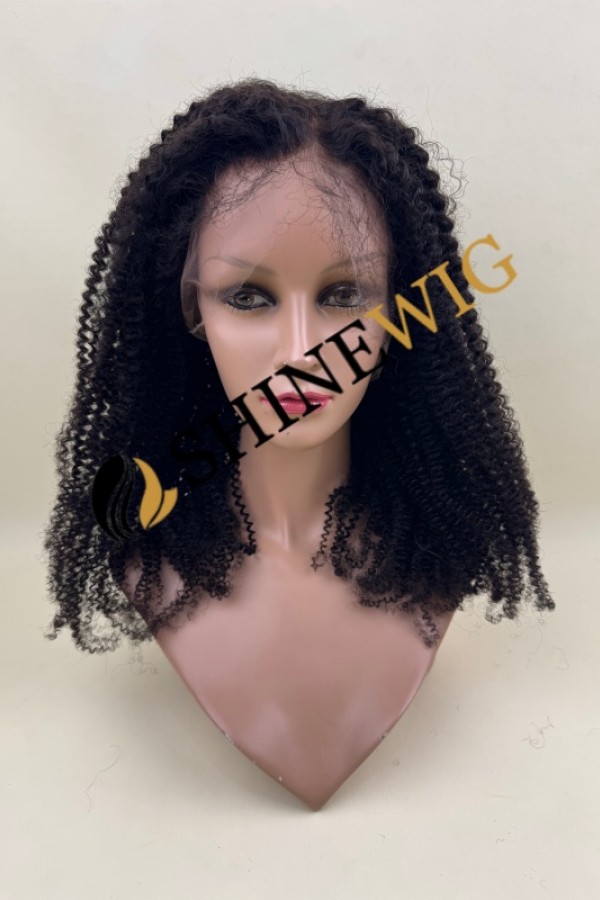 22inch remy human hair natural black color kinky curly full lace wig from shinewig