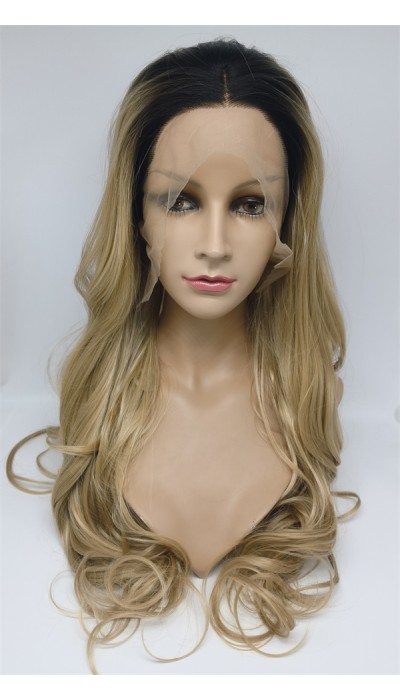 High temperature dark roots  beautiful wavy synthetic lace front wig shinewig