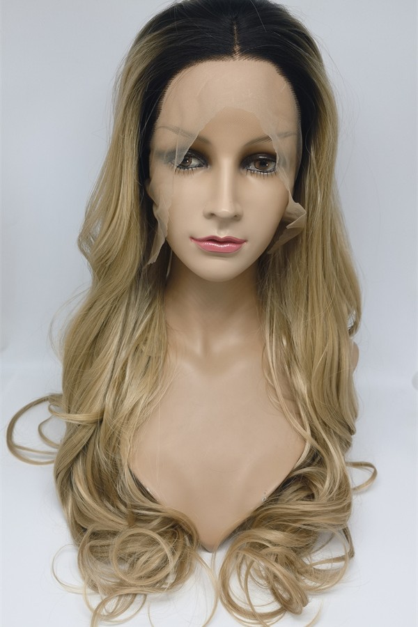 High temperature dark roots  beautiful wavy synthetic lace front wig shinewig