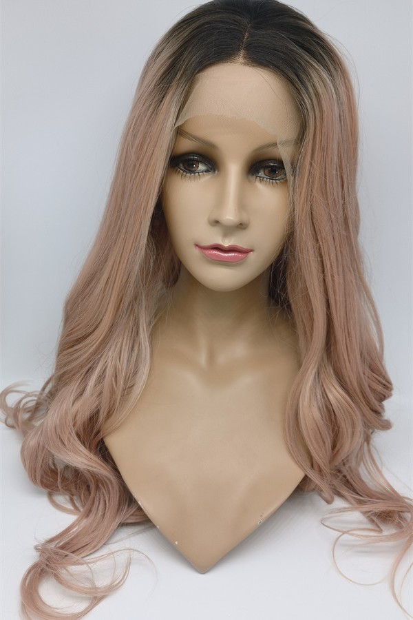 High temperature dark roots  beautiful wavy synthetic lace front wig shinewig