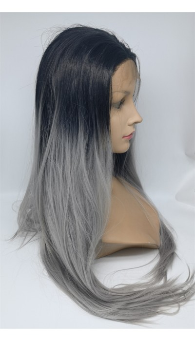 High temperature dark roots gray hair ombre color  beautiful wavy synthetic lace front wig shinewig
