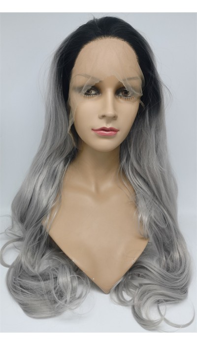 High temperature dark roots gray color ombre color beautiful wavy synthetic lace front wig shinewig